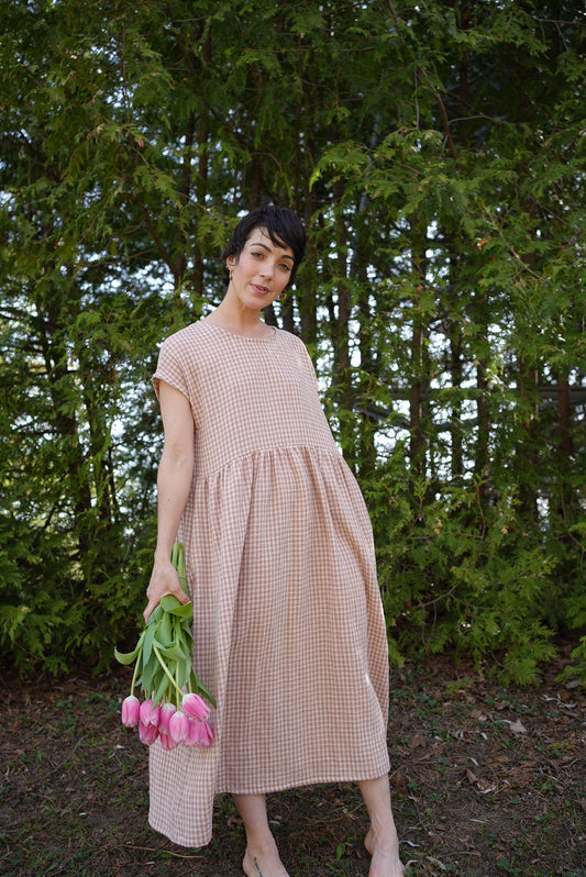 Organic cotton loose fit gingham dress- peony- ANY SIZE