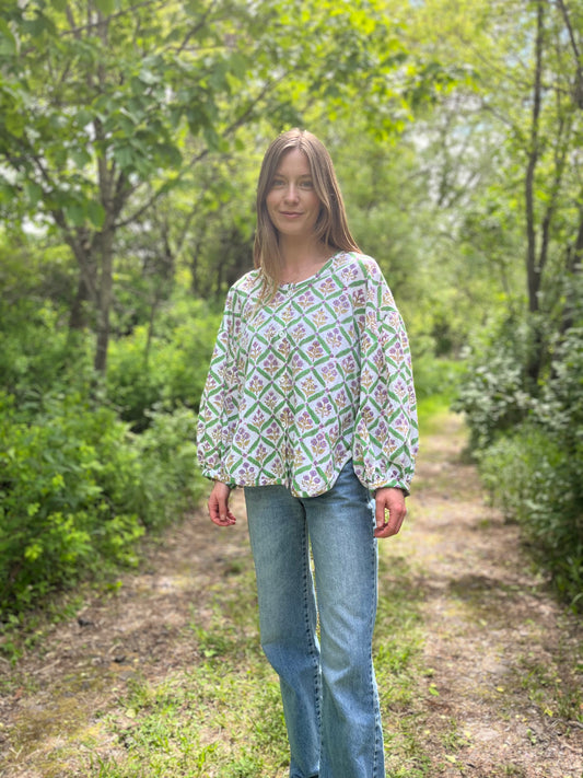 Blouse à manches bouffantes boutonnée - treillis violet