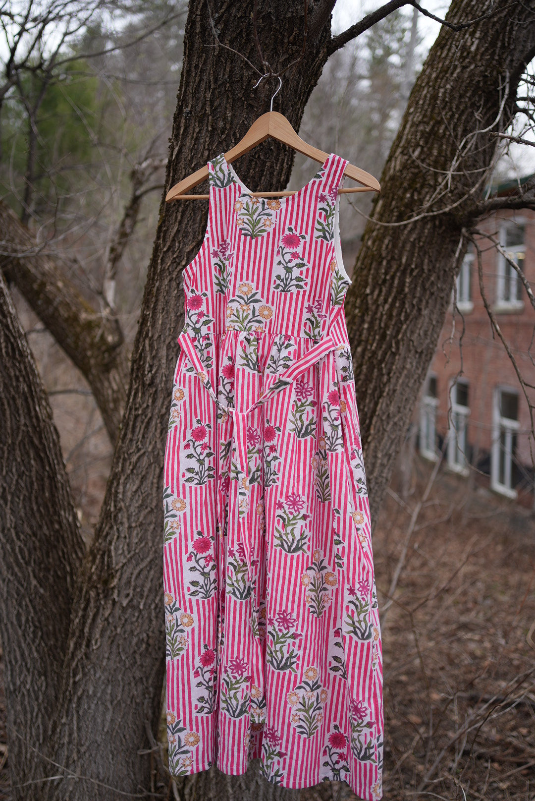 Red striped block print dress- any size