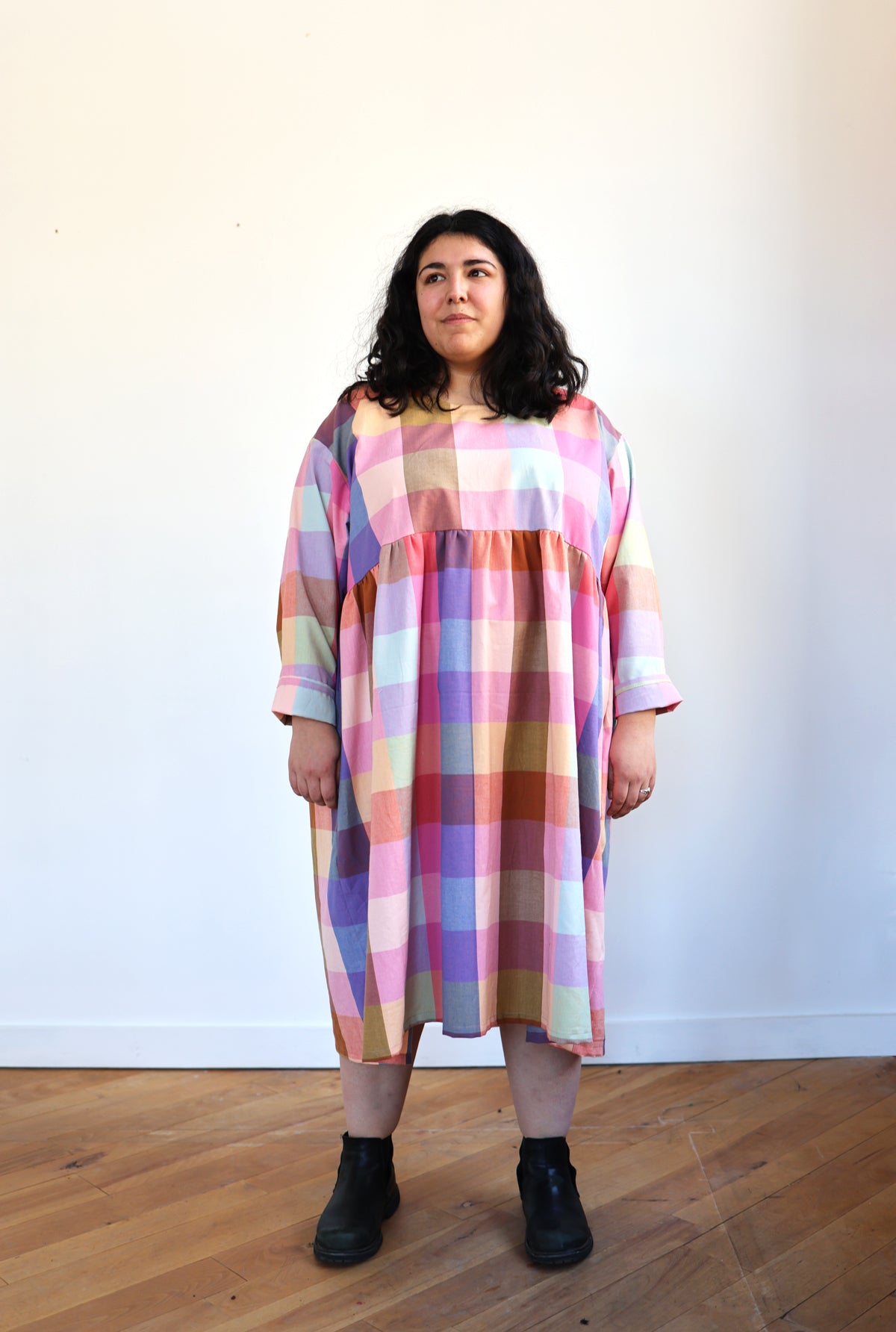 Prismatic plaid midi dress