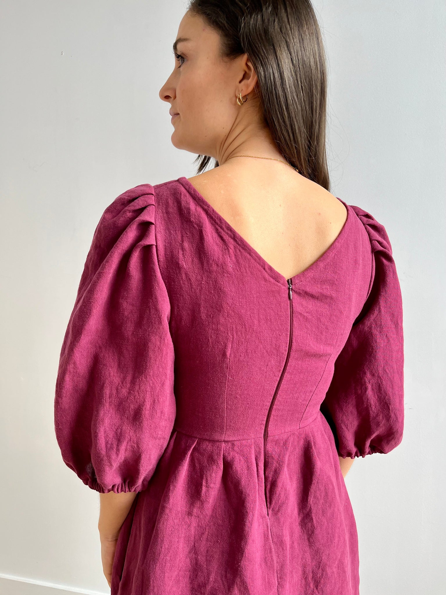 SAMPLE Size Small - Linen puff sleeve dress- magenta